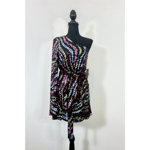 Show Me Your Mumu Shimmy Mini Dress in Starburst Sequins Size XL One Shoulder - Picture 2 of 5